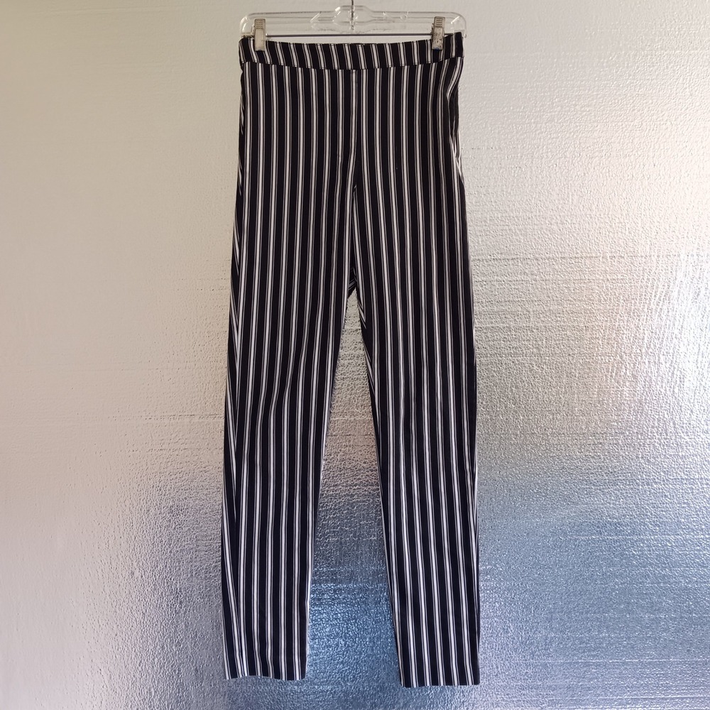 H&M Striped Ankle Pants Women Size 8 Black White Stretch Slim Trousers